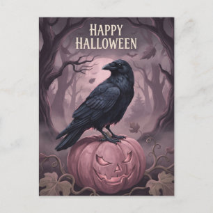 Prettig Halloween Vintage Kraai & Roze Pompoen Feestdagenkaart