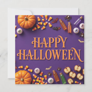 Prettig Halloween vlakke compositie groet op paars Feestdagenkaart