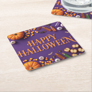 Prettig Halloween vlakke compositie groet op paars Vierkante Kartonnen Onderzetter