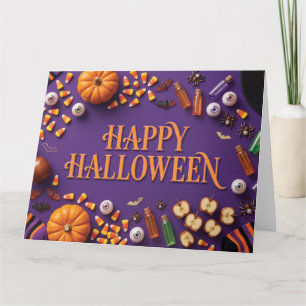 Prettig Halloween vlakke compositie op paars Kaart
