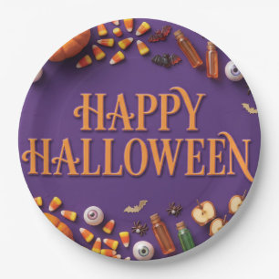 Prettig Halloween vlakke compositie op paars Papieren Bordje