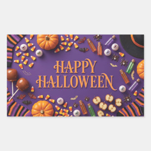 Prettig Halloween vlakke compositie op paars  Rechthoekige Sticker