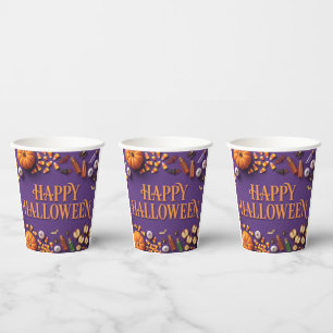 Prettig Halloween vlakke plaatsing groet op paars Papieren Bekers
