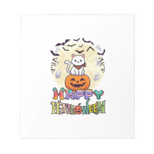 Prettig Halloween Witte Kat Pompoen Maan Vleermuiz Notitieblok