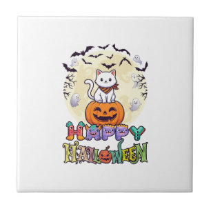 Prettig Halloween Witte Kat Pompoen Maan Vleermuiz Tegeltje