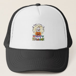 Prettig Halloween Witte Kat Pompoen Maan Vleermuiz Trucker Pet
