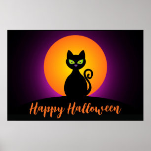 Prettig Halloween Zwarte Kat en Maan Poster