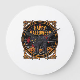 Prettig Halloween Zwarte Kat Pompoenen Botten_1 Grote Klok