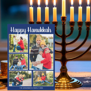 Prettig Hanukka-familiefotocollage Blauw patroon Feestdagenkaart