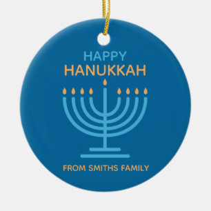 Prettig Hanukka Minimalistische Blauwe Familie Fot Keramisch Ornament