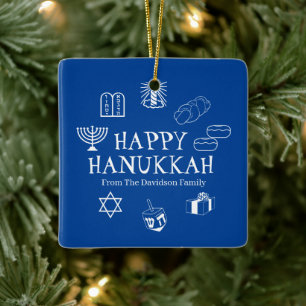 Prettig Hanukkah blauw & wit eigen familienaam Keramisch Ornament