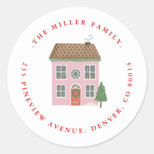 Prettig Kerst Pink huis Retouradres Ronde Sticker