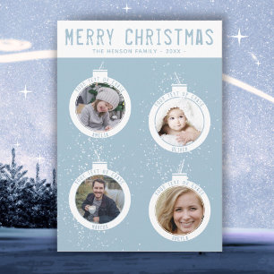 Prettig kerstfeest 4 ballen blauw familiefoto coll feestdagenkaart