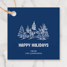 Prettig kerstfeest | Blauw & Wit Aanpasbare Famili Bedankjes Labels