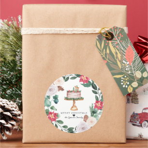 Prettig kerstfeest Bloemenslinger kersttaart Ronde Sticker