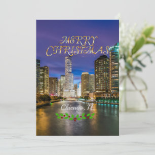 Prettig kerstfeest, Chicago-rivier bij zonsonderga Feestdagenkaart