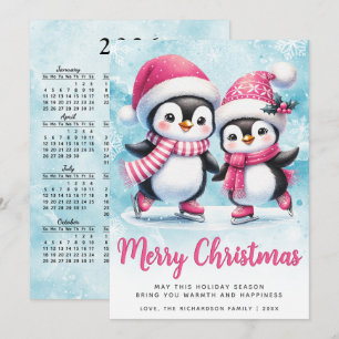 Prettig Kerstfeest Cute Pinguïn IJsschaatsers Blau Feestdagenkaart