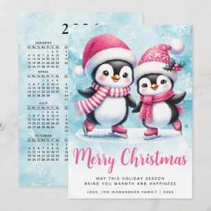 Prettig kerstfeest Cute pinguïn schaatsers Roze Feestdagenkaart