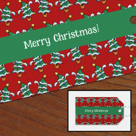 Prettig kerstfeest! Dansende Kerstbomen Patroon Cadeaulabel