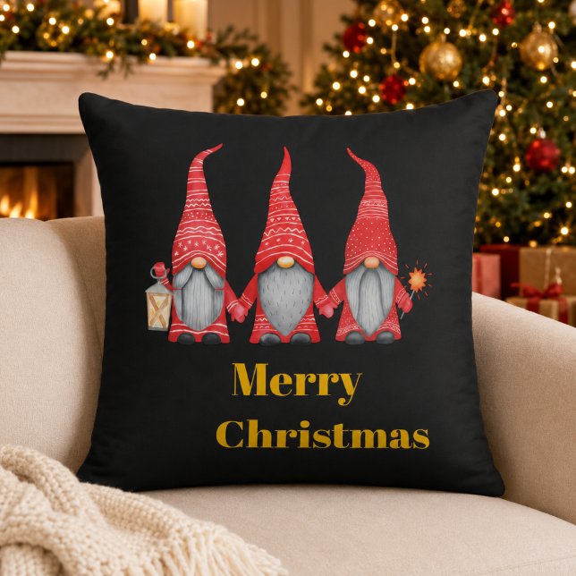 Prettig kerstfeest drie kabouters Zwarte sierkusse Kussen (Creator heeft geüpload)