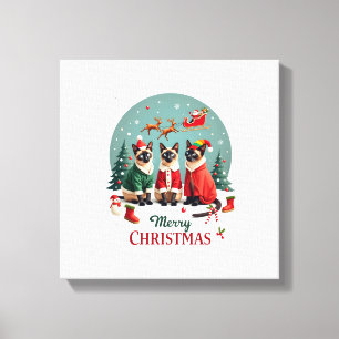 Prettig kerstfeest Drie Kerstman Elf Rendier Siame Canvas Afdruk