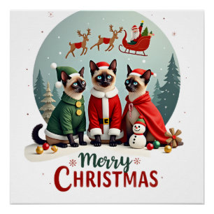 Prettig kerstfeest Drie Kerstman Elf Rendier Siame Perfect Poster