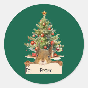 Prettig kerstfeest Eekhoorn Kerstboom Van Voor Ronde Sticker