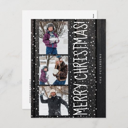 Prettig kerstfeest familie 3 foto collage rustiek feestdagenkaart (Voorkant / Achterkant)