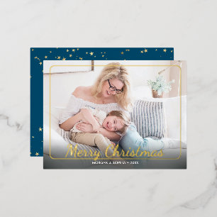 Prettig Kerstfeest, Foto, Naam & Bericht Goud Folie Feestdagen Briefkaart