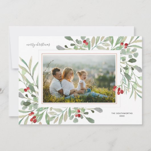 Prettig kerstfeest Foto Winter Loof Rode Bessen Feestdagenkaart (Voorkant)