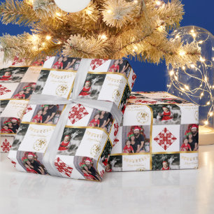 Prettig kerstfeest - foto's gouden en rode versier cadeaupapier