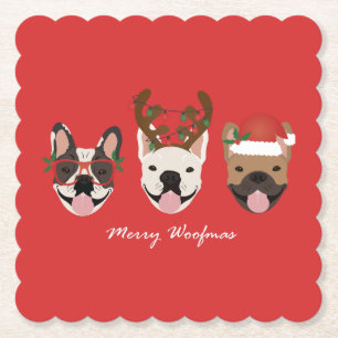 Prettig Kerstfeest Franse Bulldoggen Kerst Koppen Kartonnen Onderzetters
