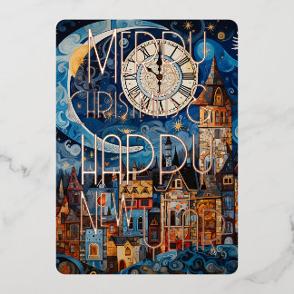 Prettig kerstfeest & Gelukkig nieuwjaar Stad Maan  Folie Feestdagenkaart