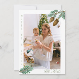 Prettig kerstfeest gezinsfoto groene dennen takken feestdagenkaart