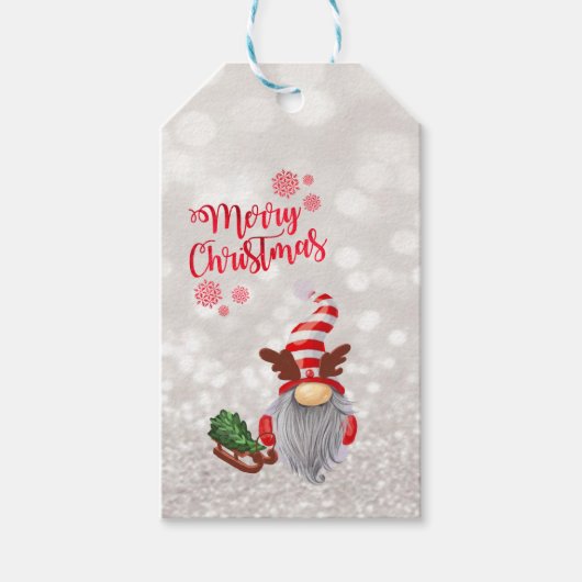 Prettig kerstfeest,Glitter Bokeh,Cute Gnome Slede Cadeaulabel (Voorkant)