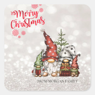 Prettig kerstfeest,Glitter Bokeh,Cute Gnomes Famil Vierkante Sticker