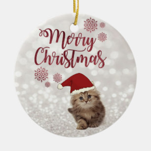 Prettig kerstfeest,Glitterende Bokeh,Kat Met Kerst Keramisch Ornament