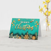 Prettig kerstfeest Gouden ornamenten en dennen tak Kaart (Gele Bloem)