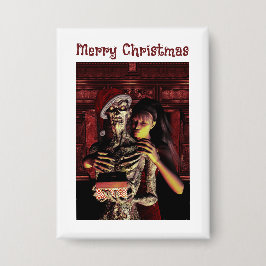 Prettig kerstfeest. Grappig skelet met vrouw Button