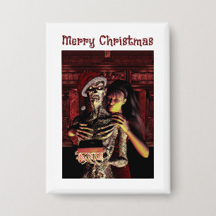 Prettig kerstfeest. Grappig skelet met vrouw Button