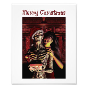 Prettig kerstfeest. Grappig skelet met vrouw Foto Afdruk