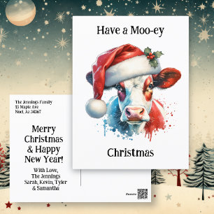 Prettig Kerstfeest   Grappige koe in kerstmuts Briefkaart