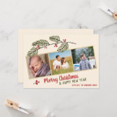 Prettig kerstfeest|Groen en rode bessen 3 foto  Kaart (Voorkant / Achterkant in situ)