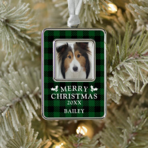 Prettig kerstfeest groene Buffalo geruite hond fot Verzilverd Kader Ornament
