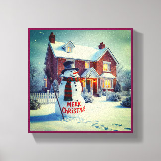 PRETTIG KERSTFEEST GROOTE SNEEUWMAN WINTERLANDSCHA CANVAS AFDRUK