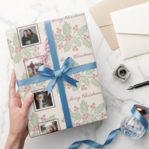 Prettig kerstfeest Holly Berry 8 foto collage Cadeaupapier