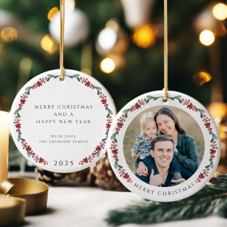 Prettig kerstfeest hulst botanische foto keramisch ornament