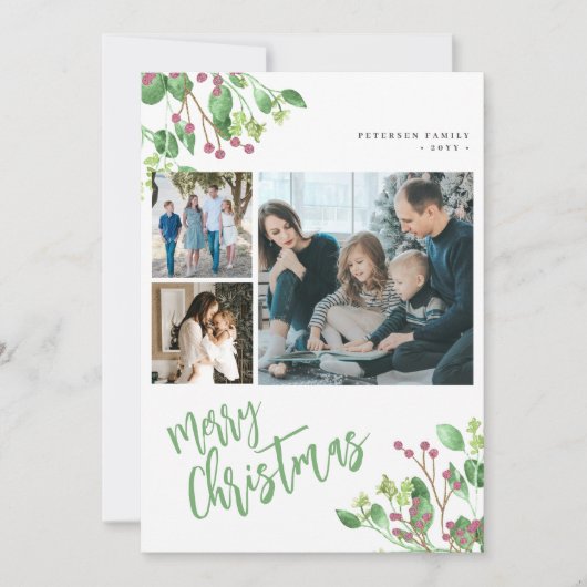 Prettig kerstfeest hulstbes bladmulti foto feestdagenkaart (Voorkant)