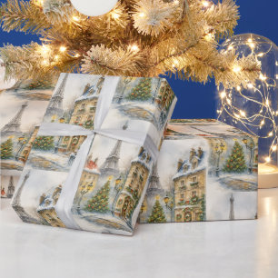Prettig kerstfeest in Parijs Waterverf Eiffeltoren Cadeaupapier