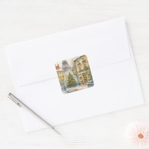 Prettig Kerstfeest in Parijs Waterverf Eiffeltoren Vierkante Sticker
